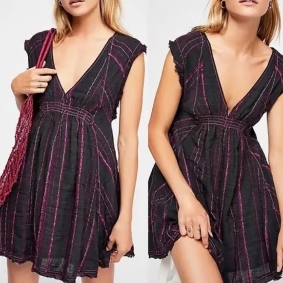Free People Dresses & Skirts - Free People Dress Boho Burlap Raw Flowy Frayed Plunge